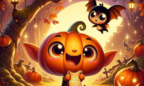 Zippy, a small pumpkin-shaped goblin with a round orange belly, has sparkling eyes of joy and a big smile on his face. He jumps with happiness, holding a treasure map in his little hands. Blinky, a small bat with shiny black wings, hangs upside down from a branch, his round eyes shining with excitement. He smiles, ready to help his friend on their quest. The scene takes place in an enchanted clearing, surrounded by trees with golden and red leaves, illuminated by the soft light of the moon. In the center, a beautiful magical pumpkin glows warmly, surrounded by tiny sparkling stars. Zippy and Blinky discover the magical pumpkin, awed by its beauty, ready to solve the mystery that awaits them.
