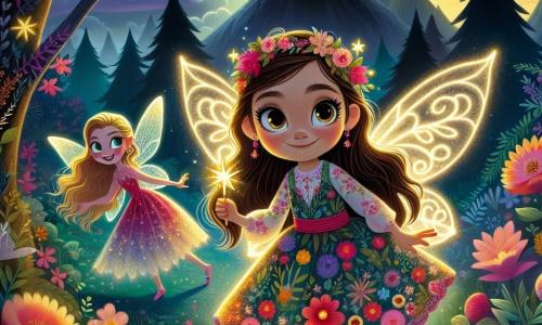 Uma menina de 6 anos, Mia, com longos cabelos castanhos e olhos brilhantes de curiosidade, está no centro da cena. Ela usa um vestido colorido com estampas de flores e botas brilhantes que cintilam como estrelas. Seu rosto expressa uma determinação alegre enquanto ela segura uma varinha mágica luminosa, pronta para a aventura. Ao seu lado, uma pequena fada chamada Lila, de cerca de 5 anos, com asas cintilantes e cabelos dourados, voa alegremente ao redor de Mia. Ela veste um vestido feito de pétalas de flores e sorri entusiasticamente, adicionando um toque de magia à cena. Ao fundo, o Sombrio, uma silhueta escura com olhos penetrantes, está em uma montanha, cercado por nuvens escuras. Sua expressão é ameaçadora e curiosa, enquanto observa Mia e Lila com surpresa e intriga. O cenário é uma bela floresta encantada, cheia de árvores majestosas com folhas brilhantes e flores coloridas que dançam ao vento. A luz da lua ilumina o caminho, criando uma atmosfera mágica e misteriosa. A situação principal mostra Mia e Lila, unidas por sua coragem, se preparando para enfrentar o Sombrio e trazer de volta o brilho das estrelas, enquanto a magia cintila ao seu redor, prometendo uma aventura inesquecível.