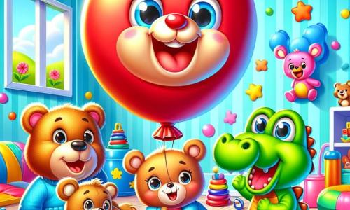 Ein fröhlicher roter Ball namens Bouncy, rund und glänzend, springt begeistert in der Mitte des Bildes und zeigt ein großes Lächeln und funkelnde Augen vor Freude. Neben ihm sitzt ein niedlicher Teddybär namens Teddy mit braunem Fell und sanften Augen, der sich vor Lachen den Bauch hält. Nicht weit entfernt bereitet sich ein grüner Krokodil namens Kiki mit einem breiten Lächeln und schimmernden Schuppen darauf vor, zu springen, mit erhobenen Pfoten und voller Energie. Schließlich liegt ein rosa Elefant namens Ellie mit großen Ohren und einem amüsierten Blick lachend am Boden, umgeben von seinen Freunden. Die Szenerie ist ein helles, buntes Spielzimmer voller Spielzeug, weichen Kissen und himmelblauen Wänden, die eine fröhliche und einladende Atmosphäre schaffen. In der Mitte haben die Freunde gemeinsam Spaß in einer dynamischen Spielsituation, in der Bouncy fröhlich springt, während Teddy, Kiki und Ellie zusammen lachen und den Geist von Freundschaft und Kameradschaft verkörpern.