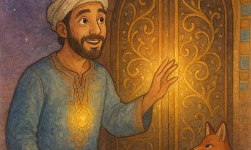 Amir, ongeveer 30–35 jaar, zacht baardig gezicht en brede nieuwsgierige ogen, glimlacht ontroerd terwijl hij met zijn hand een grote donkere houten deur met gouden filigranen en turkooise stenen aanraakt die in gouden golven oplicht; zijn amulet in de zak straalt een gouden halo en werpt fijne reflecties op zijn blauw- en kopergestikte tuniek; een oude schildpad met gerimpelde, geometrisch getekende schelp zit aan zijn voeten en kijkt kalm naar de deur, een roodbruine vos met ondeugende ogen staat iets achter hem op een lage duin klaar om te leiden; de deur is omlijst door oker- en azuurmozaïeken onder een paars schemerende sterrenlucht, terwijl fonkelend stof in de lucht zweeft en arabeske silhouetten in het licht een intieme, mysterieuze en warme sfeer creëren.