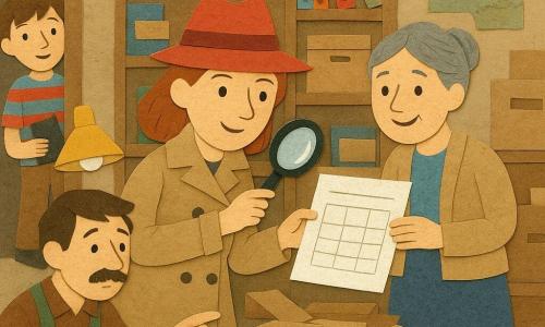 Detektivin, lächelnd und konzentriert, lebhafter Blick, beiger Mantel mit großen Knöpfen, roter Fedora aus Papier, glänzende Lupe in der Hand, über einem Stapel geöffneter Kartons gebeugt; Schulleiterin (ca. 45, Tochter), erleichtert, graue Haarnrolle, blaue Papierrock, hält den wiedergefundenen Stundenplan hinter der Detektivin rechts; Hausmeister (ca. 50, Sohn), etwas verlegen, Papierschnurrbart, grüne, fleckige Latzhose, hockt bei einer Kiste und zeigt beschämt auf ein Blatt links von der Detektivin; Schüler Max (ca. 11), zerzaustes Haar, neugieriges Lächeln, gestreiftes T‑Shirt aus buntem Papier, steht am Büroeingang mit kleinem Notizheft; Ort: kleines, überfülltes Schulbüro mit gelbem Papierstehlampe, schiefen Regalen voller bunter Akten, leeren Kaffeetassen, beschrifteten Kartons und eingerissenen Schulplakaten aus Papier; Hauptsituation: die Detektivin findet einen großen weißen Stundenplan, der zwischen Dokumenten steckt, und lächelt, das leuchtende Blatt bildet den zentralen Kontrast zu chaotischen Kartons und Papieren.