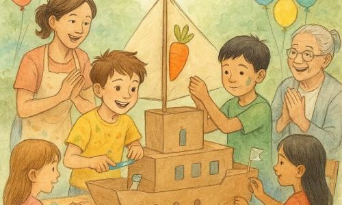 Un niño de 8 años, Lucas, sonriente y con pintura en manos y camiseta amarilla, corta una porción de pastel azul junto a un gran barco de cartón; otro niño de 8 años, Mateo, tímido con una mancha de pintura verde en la mejilla, pega un parche en la vela; la madre (unos 35 años) con delantal sostiene un plato de pasteles y aplaude a la izquierda, la abuela (unos 70 años) ríe sentada a la derecha; tres niños más decoran el barco con estrellas, ventanas pintadas y una bandera; salón-jardín luminoso con mesa de madera, globos, guirnaldas, cajas de cartón formando el barco, pintura y migas en el suelo; fiesta de cumpleaños creativa y alegre, ambiente cálido, pastel en primer plano.
