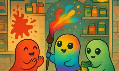Medi, un fantasma infantil sonriente y curioso que cambia de color en un degradado arcoíris, forma translúcida y ojos grandes, sostiene una brocha grande flotante que mezcla colores; a la izquierda, un fantasma rojo de aspecto masculino, entusiasta y de silueta fina, aplaude con manos transparentes ante una salpicadura rojo vivo; a la derecha, un fantasma verde de aspecto masculino, asombrado y de cuerpo difuso verde menta, coloca un bote de pintura verde en una mesa flotante y se inclina hacia la brocha. Taller 