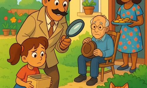 Un detective alto y bigotudo con sombrero marrón y chaqueta beige arrugada examina migas en el suelo con una lupa, sonriendo y concentrado; Lucía, 8 años, pelo castaño en dos coletas, preocupada luego aliviada, sostiene una caja de galletas vacía junto al detective; el abuelo, unos 70 años, pelo gris, gafas redondas y expresión tímida, sentado en una silla de jardín sujetando su sombrero; la madre, unos 35 años, con vestido de flores, trae una bandeja de galletas desde la puerta de la cocina; el gato naranja Pipo, de pelaje rayado y mirada traviesa, está en un arbusto con un sobre brillante entre las patas; jardín primaveral soleado con ventana de cocina abierta, mesa de jardín, macetas y parterres floridos; todos siguen una huella de migas que conduce al arbusto donde está el sobre, luz suave y colores vivos, ambiente cálido.