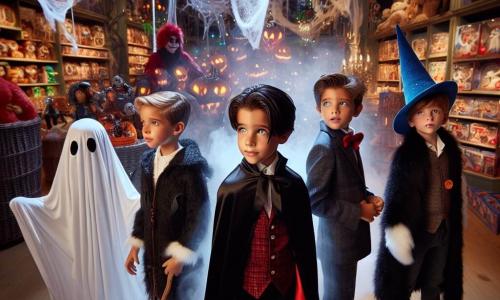 In einem geheimnisvollen Lichtspiel stehen vier Jungen im Zentrum eines Spielzeugladens, der für Halloween in einen verzauberten Wald verwandelt wurde. Max, ein 10-jähriger Junge, trägt ein schwarzes Vampirkostüm mit einem roten Umhang und hat ein schelmisches Lächeln. Rechts von ihm ist Tim, ebenfalls 10 Jahre alt, der sich als Geist verkleidet hat und mit funkelnden Augen neugierig umherschaut. Links steht Leo, ein 9-jähriger Junge, der als Zauberer mit spitzem Hut und Zauberstab gekleidet ist und voller Staunen um sich blickt. Schließlich ist Ben, ein 10-jähriger Junge, als Werwolf mit plüschigem Fell und Krallen verkleidet und macht eine dramatische Geste, als wäre er bereit für ein Abenteuer. Der Laden ist mit funkelnden Spinnweben und lebhaften Spielzeugen dekoriert, während ein großer Pappbaum im Hintergrund steht, von dem goldene Blätter langsam herabfallen. Die Jungen erkunden begeistert diesen verzauberten Wald, um ein Geheimnis zu lösen und die versteckten Geheimnisse dieses magischen Ortes zu entdecken, bereit für ein unvergessliches Abenteuer.