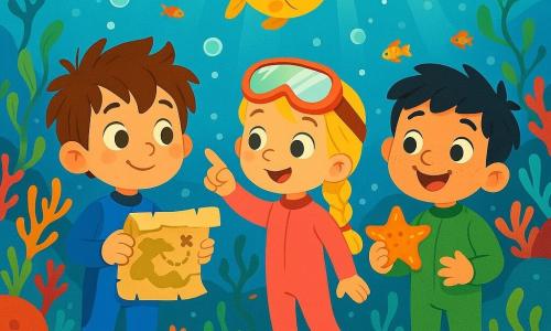 Ci sono 3 personaggi: - Leo: un bambino di 5 anni, con capelli castani arruffati e occhi vivaci. Indossa una muta blu e tiene in mano una mappa del tesoro, guardando con curiosità intorno a sé. - Giulia: una bambina di 5 anni, con lunghi capelli biondi intrecciati e occhiali da sub sulla fronte. Indossa una muta rosa e indica un pesce dorato che nuota vicino a loro. - Samu: un bambino di 5 anni, con capelli neri e lentiggini sul viso. Indossa una muta verde e sorride ampiamente, tenendo una stella marina in mano. La scena si svolge in un magnifico mondo sottomarino, pieno di coralli colorati, pesci multicolori e raggi di luce che filtrano attraverso l'acqua chiara. Le alghe ondeggiano dolcemente attorno ai personaggi e bolle d'aria fluttuano intorno a loro, creando un'atmosfera magica e gioiosa. I tre amici esplorano insieme questo mondo sottomarino, meravigliati dalla bellezza che li circonda, mentre seguono un pesce dorato che li guida verso una grotta misteriosa piena di tesori scintillanti.