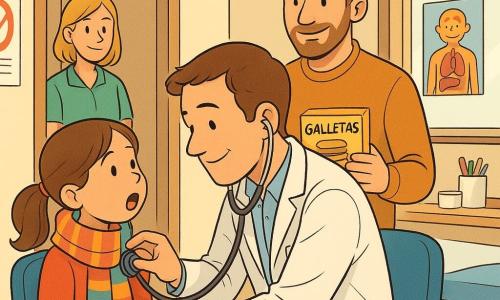 Un joven médico interno sonriente pero concentrado, con bata blanca arrugada y estetoscopio, arrodillado para auscultar el pecho de Clara, una niña de unos 7 años de pelo castaño en coleta y bufanda colorida sentada en una silla azul que abre la boca para que le miren la garganta; detrás, el padre treinta y pico con ligera barba sostiene una caja de galletas y sonríe, a la izquierda en el fondo una enfermera de unos 30 años con bata verde observa con benevolencia; la sala de consulta es cálida y luminosa (paredes crema, póster del cuerpo humano sonriente, camilla blanca con sábana azul, carteles de prevención y una ventana con luz suave); la escena principal muestra al médico auscultando de manera tranquila y reconfortante, gestos precisos y expresión amable, la niña algo más tranquila, ambiente sereno, colores cálidos y estilo cómic detallado y luminoso.