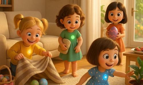 Ci sono quattro bambine di 4 anni: Mia, capelli castani corti a caschetto, vestito blu a pois bianchi, tiene un piccolo distintivo brillante sul petto e tende la mano verso un vaso di fiori a destra; Lea, capelli biondi a coppie, maglione giallo, sorride sollevando leggermente una coperta a righe a sinistra del divano vicino a Mia; Nora, capelli castano ricci, vestito verde, ha un cuscino sotto il braccio e guarda il tappeto al centro; Giulia, capelli neri lisci, gonna arancione, tiene un grande uovo di carta viola trovato vicino alla porta del giardino dietro le altre. Ambientazione: soggiorno luminoso e accogliente di una casa familiare con parquet chiaro, grande tappeto crema, divano beige, libreria di legno con libri colorati, tavolo a destra e porta finestra sul giardino in fondo a destra; decorazioni pasquali come cestini, nastri e disegni di uova sul muro. Situazione: caccia alle uova di Pasqua all'interno; i distintivi brillanti sul petto cambiano colore vicino ai nascondigli; stanno scoprendo o aprendo nascondigli: un uovo sotto un cuscino, due uova sotto una coperta a righe, un uovo dietro un libro, un uovo vicino alla porta del giardino; atmosfera gioiosa, colori pastello saturi, luce solare morbida, espressioni meravigliate e gesti affettuosi.