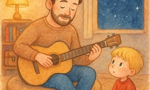 Een glimlachende, serene mannelijke muzikant speelt zachtjes gitaar tegen zijn buik; hij heeft een lichte huid, krullend bruin haar en zachte ogen. Een ongeveer vijfjarig blond jongetje met verbaasde ronde ogen zit naast hem, luistert met gesloten mond en kijkt gefascineerd naar de gitaar. De warme kleine kamer heeft een lichte houten vloer, een gele lamp die zacht licht geeft, een raam met een sterrenhemel, planken met boeken en een muziekdoos. De scène toont de muzikant die zacht zingt en de snaren beroert als een wiegelied, alles in warme aquareltinten.