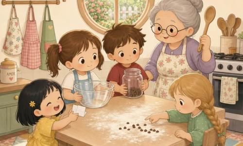 Há 5 personagens: Vó Lina (idosa, ~70 anos) de cabelo grisalho preso em coque, óculos redondos e avental florido, sorrindo e segurando uma colher de pau ao lado do forno; Marta (7 anos) de cabelo castanho em maria-chiquinhas, avental azul-claro, segura um copo grande translúcido à esquerda em primeiro plano; Inês (7 anos) de cabelo preto curto, agachada à esquerda, veste vestido amarelo e mostra entusiasmada uma nota dobrada; Salomé (7 anos) de cabelos loiros trançados, expressão concentrada, blusa verde, à direita indicando uma trilha de gotinhas de chocolate na bancada; Tiago (6 anos) de cabelo castanho bagunçado, camisa vermelha, levemente envergonhado mas calmo, segura um pote de granulado pela metade perto da avó. Ambiente: pequena cozinha acolhedora e iluminada com paredes creme, chão azulejado colorido, prateleiras de madeira com frascos, janela redonda para o jardim, mesa de madeira clara com farinha polvilhada e utensílios pendurados. Situação: cena de descoberta afetuosa com trilha de granulados levando ao pote, nota infantil de desculpa nas mãos de Inês, Tiago oferecendo o pote ao grupo; luz suave, cores pastel e clima de partilha e confiança.
