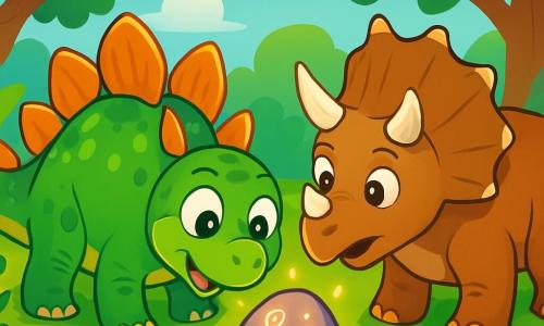 Un stegosaur cu solzi verzi și galbeni, cu plăci strălucitoare pe spate, privește cu curiozitate o piatră sclipitoare acoperită de simboluri misterioase. Ochii săi mari exprimă uimire și emoție. Lângă el, un Triceratops cu un corp robust, cu trei coarne mărețe și o piele de culoare maro deschis, observă cu atenție descoperirea, cu urechile ridicate, pregătit să exploreze. Scena are loc în Valea Dinozaurilor, un peisaj luxuriant, plin de ferigi uriașe și arbori cu frunze strălucitoare, sub un cer albastru strălucitor. Lumina soarelui filtrează printre copaci, creând un joc de umbre și lumini pe pământul acoperit de iarbă verde. Stego, fascinat, examinează cu atenție piatra strălucitoare, în timp ce Tricia îi sugerează să descopere împreună secretele acesteia, aducând un sentiment de aventură și prietenie în aer.