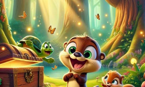 Ollie, a young otter with sparkling eyes and silky brown fur, stands in front of an old wooden chest, his heart racing with excitement. His small paws are on the chest, and a big smile lights up his face, revealing his joy and curiosity. Next to him, Saffy, a squirrel with golden fur and a bushy tail, jumps for joy, her eyes shining with enthusiasm. She holds a small carrot in her paws, ready to celebrate the discovery. Timo, a turtle with a green, rough shell, stands back, watching with a serene smile, his wise eyes reflecting pride and friendship. The scene takes place in a sunlit clearing surrounded by majestic trees with bright green leaves. Colorful flowers line the ground, and fireflies begin to twinkle in the evening air, adding a magical touch to the atmosphere. Ollie and his friends have just discovered a hidden treasure, a chest filled with glowing seeds and surprises, and they are ready to share their joy with all the forest inhabitants.