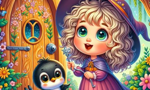 A small girl, Lila, a six-year-old apprentice witch with big curious eyes and curly golden hair, stands in front of a wooden door hidden in an old willow tree. She has a delighted smile and rosy cheeks from excitement. Beside her, Pip, a small black bird with shiny feathers, flaps his wings joyfully, looking at Lila with sparkling eyes. 

The setting is an enchanted garden filled with colorful flowers, fluttering butterflies, and soft light filtering through the willow branches. The willow door is adorned with delicate, shimmering patterns, hinting at a magical glow inside. 

The main scene shows Lila inserting a silver key into the door's lock, ready to discover the wonderful world waiting for her behind it.