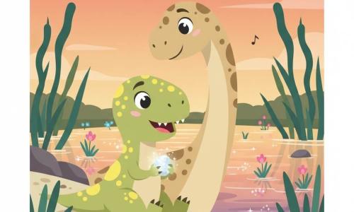 Een jonge Tyrannosaurus Rex, glimlachend en verwonderd, lichtgroene huid met gele vlekjes, grote glanzende ogen en kleine tandjes, zit aan de rand van het moeras en houdt een glinsterende steen tussen zijn poten; achter hem staat Dino, een grote poëzie-sauropode met een beige lange nek, zachte bruine vlekken en een rustige, vriendelijke blik die zachtjes zingt. Het moeras heeft glinsterend water, hoge donkergroene grassen, roze en blauwe bloemen en fonkelende steentjes op lichte moddergrond; de lucht is oranje-roze bij zonsondergang met warme reflecties. Hoofdscène: twee dino-vrienden ontdekken samen een schuilplaats met magische stenen aan de rand van het moeras, sfeer zacht, veilig en vol nieuwsgierigheid.