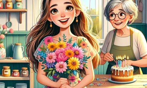 Uma menina de 10 anos, com longos cabelos castanhos e olhos brilhantes de alegria, está no centro, sorridente e radiante, segurando um buquê de flores coloridas nos braços. Ela usa um vestido leve com estampas florais, e seu rosto expressa imensa excitação e felicidade. Ao lado dela, uma mulher idosa, sua avó, com cerca de 70 anos, cabelos grisalhos em coque e óculos redondos, sorri ternamente enquanto prepara um bolo em uma mesa de madeira, cercada por decorações de aniversário. Ao fundo, uma cozinha acolhedora, com paredes pintadas de amarelo pastel, prateleiras cheias de potes de geleia e janelas que deixam entrar a luz do sol. A cena representa o momento feliz em que a menina celebra seu aniversário, cercada pelo amor de sua avó, com balões coloridos flutuando no teto e um bolo decorado com velas cintilantes na mesa.