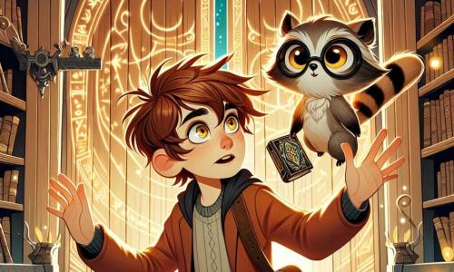 A 12-year-old boy named Max, with messy brown hair and sparkling curious eyes, stands in front of a large wooden door adorned with glowing runes. He has a look of wonder and excitement, his hands outstretched toward the door as if about to open it. Beside him is Beatrice, a small anthropomorphic raccoon with round glasses and a mischievous expression, perched on his shoulder, her eyes wide with anticipation, holding a small magical device in her paws. The setting is a magical library, with intricately carved wooden shelves reaching the ceiling, filled with shimmering books and ancient scrolls. Floating lights illuminate the space, while fantastical creatures fly around them, adding a touch of mystery. The main scene shows Max and Beatrice ready to enter a fantastical world as a magical door opens before them, revealing a swirl of bright colors and sparkling stars, symbolizing the adventure that awaits them.