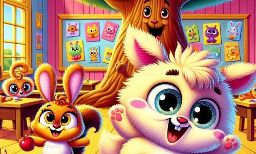 Wiggly, a small fluffy creature with big sparkling eyes and a long curly tail, is jumping for joy in a colorful classroom, his face radiant with excitement and happiness. Fluffy, a little rabbit with big ears and soft fur, is next to Wiggly, bouncing with a big smile and shining eyes. Nutty, a curious squirrel with a small bushy tail, stands a bit back, laughing while holding a red apple, his eyes twinkling with mischief. The classroom is a large hollow tree, featuring warm wooden walls, leaf-shaped windows letting in golden sunlight, and colorful drawings on the walls. Books and crayons are scattered on wooden tables, creating a joyful and welcoming atmosphere. The main scene shows Wiggly and his friends playing an introduction game, sharing their names and favorite things, filled with enthusiasm and laughter, celebrating their new friendship in this magical place.