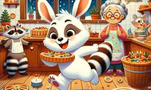Ilustración que representa a un pequeño niño conejo con grandes orejas y pelaje blanco, expresando una alegría desbordante. Está saltando de felicidad, sosteniendo una galleta decorada con colores vivos en sus pequeñas patas. A su lado, un pequeño niño mapache con pelaje gris y rayas negras en la cola, que muestra una gran sonrisa, admira las galletas que acaban de preparar. Un poco más lejos, una anciana coneja con gafas redondas y un delantal floreado sonríe orgullosamente al ver a sus nietos, rodeada de pasteles y decoraciones. El lugar principal es una acogedora cocina de madera, adornada con guirnaldas luminosas y decoraciones de Año Nuevo, con una gran mesa de madera cubierta de pasteles coloridos y vasos de jugo de zanahoria. La situación principal muestra a los personajes preparando una fiesta de Año Nuevo, llenos de emoción y felicidad, listos para celebrar juntos. Otros elementos gráficos incluyen copos de nieve visibles por la ventana, estrellas brillantes en el cielo nocturno y confeti colorido flotando en el aire, añadiendo un toque festivo a la escena.