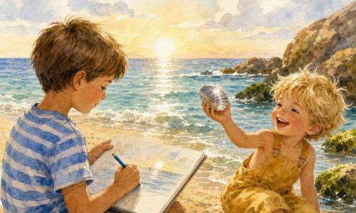 Two boys on a small golden-sand beach: a ~7-year-old with short brown hair, blue-and-white striped T-shirt and sandy knees sits left holding a large sketchbook and tracing the horizon with a blue pencil; a ~6-year-old with messy blond hair in a yellow overall sits right near the water, laughing and showing a shiny silver shell in his left hand. Smooth algae-covered rocks to the right, gentle blue-green waves lapping the shore, clear sky with a few fluffy clouds and a warm low sun; the two draw together at the water's edge, sunlight sparkling on the sea and shell, small white wave crests and visible sand grains, joyful peaceful mood in a soft watercolor palette of yellow, blue, and green.