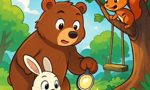 Bruno, der große braune Bär mit funkelnden Augen und weichem Fell, steht auf seinen Hinterbeinen, neugierig und entschlossen, und hält einen kleinen leuchtenden Clip in seiner Pfote. Neben ihm schaut Lilli, das kleine Kaninchen mit den großen weißen Ohren und dem seidigen Fell, mit weit aufgerissenen Augen voller Aufregung und Staunen. Mario, das Eichhörnchen mit dem roten Fell und dem buschigen Schwanz, klettert flink auf einen Ast, schelmisch und bereit, seinen Freunden bei ihrer Untersuchung zu helfen. Die Szene spielt in einer sonnigen Lichtung, umgeben von majestätischen Bäumen mit lebhaften grünen Blättern, und bunten Blumen, die auf dem Boden verstreut sind. In der Mitte quietscht eine alte Holzschaukel sanft, und eine große Eiche spendet Schatten. Bruno und seine Freunde untersuchen aufmerksam den Boden, auf der Suche nach glänzenden Hinweisen im Sonnenlicht, während eine leichte Brise die Blätter um sie herum tanzen lässt.