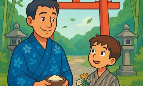Een man van middelbare leeftijd, met lichtgrijs wordend zwart haar en een zachte glimlach, staat voor een houten torii, zijn ogen stralend van vastberadenheid en sereniteit. Hij draagt een traditionele blauwe kimono, versierd met bloemmotieven, en houdt een kleine kom rijst in zijn handen, klaar om een offer te brengen. Naast hem staat een jongen van ongeveer 8 jaar, met bruin haar en sprankelende ogen, die nieuwsgierig toekijkt. Hij draagt een eenvoudig gestreept yukata en houdt een klein boeket wilde bloemen vast, met zijn ogen op de torii gericht, vol verwondering. De locatie is een vredig Japans heiligdom, omringd door hoge bamboebomen, met stenen lantaarns langs een grindpad. Het ochtendlicht filtert door de bladeren, waardoor een spel van schaduwen en licht op de grond ontstaat. De hoofdscene toont de man en de jongen die samen een offer brengen, een moment van delen en respect, terwijl een zachte bries de bladeren om hen heen laat dansen, wat een vleugje magie toevoegt aan dit heilige moment.