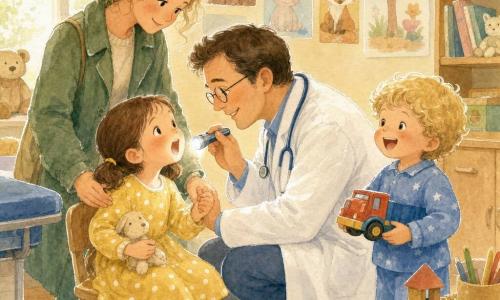 Un médico sonriente y amable, de rostro redondo, pelo castaño corto y gafas finas, con bata blanca y estetoscopio azul, se arrodilla para hablar con una niña de unos 5 años (coletas castañas, vestido amarillo con lunares blancos) que está sentada y muestra la garganta mientras la madre (unos 30 años, abrigo verde) la sostiene y sonríe aliviada; un niño de unos 4 años, rubio rizado y pijama azul, ríe con un camión de juguete junto a una mesa baja; en una clínica acogedora de paredes crema con pósters de animales, luz suave por una gran ventana y una estantería con libros y juguetes, el médico examina la garganta de la niña con una linterna redonda con gestos calmados, la familia se siente reconfortada y segura.