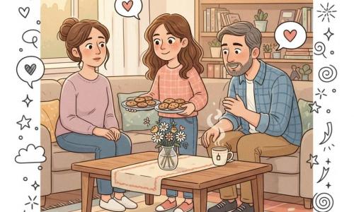 Niña de 12 años, calma y decidida, pelo castaño medio ligeramente ondulado, pecas, ojos marrones, sonríe mientras coloca platos de galletas invitando a la conversación; mujer (madre, ~38 años), de aspecto femenino, rostro dulce pero cansado, pelo castaño recogido en moño, manos en las rodillas, sentada en el sofá a la izquierda con mirada agradecida hacia su hija; hombre (padre, ~42 años), de aspecto masculino, barba corta gris, camisa a cuadros, ligeramente inclinado hacia la mesa, sentado a la derecha y escuchando atentamente con una taza de té caliente delante; lugar: salón acogedor con luz dorada del atardecer, mesa baja de madera clara, mantel de motivos simples, pequeño jarrón con flores frescas, estantería con libros infantiles y alfombra colorida; situación: reunión familiar tranquila y cordial — la niña sirve galletas, los padres sentados en círculo, ambiente de reparación y escucha, sonrisas discretas, gestos abiertos, iconos doodle (corazones, bocadillos, estrellas) en superposición para reforzar la calidez.