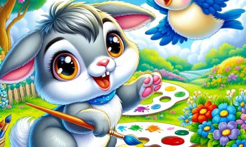 Im Zentrum des Bildes malt ein kleiner grauer Hase namens Felix mit großen neugierigen Augen und langen Ohren auf einer Leinwand. Er hat ein strahlendes, selbstbewusstes Lächeln und bunte Farbspritzer auf seinen Pfoten. Neben ihm fliegt ein fröhlicher kleiner Schwalbe namens Lili mit leuchtend blauen Federn und einem gelben Schnabel um Felix herum und ermutigt ihn, ihr Gesicht strahlt vor Stolz und Aufregung. Die Szenerie ist ein sonniger Garten, gefüllt mit leuchtenden Blumen, grünen Bäumen und einem hellblauen Himmel, der mit flauschigen weißen Wolken übersät ist. Die Szene zeigt Felix, konzentriert und glücklich, während er ein Kunstwerk inspiriert von der Schönheit der Natur schafft, während Lili ihn begeistert anfeuert und die Bedeutung von Selbstvertrauen und Freundschaft symbolisiert.