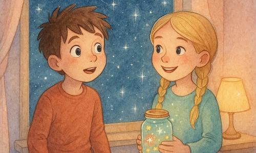 Dziesięcioletni chłopiec o rozczochranych brązowych włosach i szeroko otwartych oczach wyraża zachwyconą ciekawość. Siedzi na parapecie, patrząc na migoczące gwiazdy przez szybę. Obok niego dziesięcioletnia dziewczynka z blond włosami związanymi w dwa warkocze trzyma kolorowy słoik wdzięczności i uśmiecha się ciepło. Znajdują się w przytulnym pokoju z pastelowymi ścianami i lampką nocną emitującą łagodne światło. Główna scena ukazuje chłopca i dziewczynkę dzielących się chwilą bliskości, otoczonych gwiezdną poświatą i uspokajającą atmosferą pokoju.