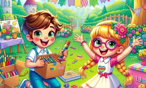 Ci sono due personaggi principali: Marco, un ragazzo di 8 anni con i capelli castani disordinati e occhi scintillanti, che sorride felicemente tenendo un grande cartone pieno di materiali artistici. Accanto a lui, Sofia, una ragazza di 7 anni con lunghi capelli biondi intrecciati e occhiali rotondi, è seduta per terra, circondata da fogli colorati, mentre disegna un sole sorridente con i pastelli. La scena si svolge nel giardino di Sofia, uno spazio verde e soleggiato, pieno di fiori colorati e alberi maestosi. Un grande tavolo di legno è coperto di materiali artistici, biscotti appena sfornati e decorazioni fatte a mano, creando un'atmosfera gioiosa e festosa. Marco e Sofia sono intenti a creare regali per la festa del papà, ridendo e gesticolando con entusiasmo mentre preparano un grande pannello colorato e medaglie brillanti per i loro papà, simboleggiando il loro amore e gratitudine.