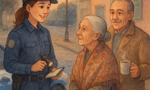 Una poliziotta di circa 26 anni in uniforme blu con piccolo distintivo sulla manica, sorridente e benevola, tiene una torcia spenta in una mano e un taccuino nell'altra accanto alla portiera di un'auto di pattuglia; leggermente dietro sta il brigadiere Rinaldi, circa 45 anni, con cappotto marrone chiaro e una tazza di camomilla fumante, dal volto rassicurante e segnato dall'esperienza; su un marciapiede di ciottoli davanti alla porta di casa una donna anziana di circa 78 anni con capelli grigi raccolti e uno scialle a motivi guarda la poliziotta con gratitudine; è il crepuscolo in una via di quartiere con lampioni caldi, facciate pastello e persiane in legno, un piccolo parco sullo sfondo e l'auto di pattuglia parcheggiata con riflessi bluastri; atmosfera calma: la poliziotta parla e ascolta, il brigadiere osserva sorridendo, colori tenui e luce calda.