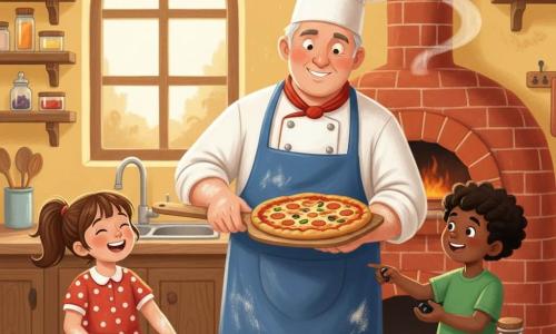 Un chef alto, sonriente y amable, pelo corto gris, gran gorro blanco y delantal azul con harina, sostiene una pala de madera y mira con orgullo una pizza dorada; a la izquierda Sofía, 6 años, coleta castaña, vestido rojo de lunares, manos enharinadas, ríe sosteniendo un pequeño rodillo; a la derecha Tomás, 7 años, pelo negro rizado, camiseta verde, muestra la pizza y sostiene unas aceitunas; cocina cálida y colorida con paredes amarillas, ventana luminosa, estantes con especias, mesa de madera con harina y masa extendida, bol de tomate, queso rallado y toppings alineados, horno de ladrillo humeante; ambiente alegre, formas suaves y colores vivos, momento justo antes de llevar la pizza al horno.