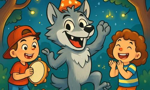 Un lupo mannaro gioioso con pelliccia argentata e occhi scintillanti di malizia si trova al centro della scena, sorridendo ampiamente con denti bianchi. Indossa un piccolo cappello a forma di fungo e balla sulle zampe posteriori, circondato da fiori colorati che sembrano danzare con lui. A destra, una bambina di 8 anni con capelli ricci e una maglietta a righe multicolori applaude ridendo, gli occhi pieni di meraviglia. A sinistra, un ragazzo di 9 anni con un cappellino rosso al contrario e pantaloni corti in jeans tiene un tamburello e batte il ritmo, il viso radioso di gioia. La scena si svolge in una radura incantata, con alberi dai tronchi contorti e foglie scintillanti che creano un'atmosfera magica. Il lupo mannaro e i bambini celebrano insieme una festa improvvisata, ballando e ridendo sotto un cielo stellato, mentre stelle cadenti attraversano il cielo, aggiungendo magia a questo momento gioioso.