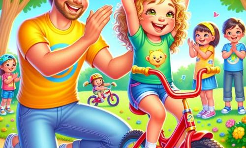 A 2-year-old girl with curly blonde hair and a big joyful smile is sitting on her shiny red bike, arms raised in victory. Next to her, Coach Ben, a man in his 30s wearing a blue cap and a yellow t-shirt, is clapping and smiling proudly, encouraging the children around him. The scene takes place in a sunny park with lush green trees, colorful flowers, and a dirt path winding through the grass. Children are playing and laughing in the background, adding to the joyful atmosphere. The main focus is on the girl who has just finished a bike race, beaming with happiness, surrounded by her new friends who are applauding, all sharing a moment of joy and friendship.