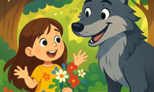 An 8-year-old girl named Lily, with long flowing brown hair, sparkling curious eyes, and a radiant smile, stands at the center of the scene, amazed and a bit surprised. She wears a bright yellow dress adorned with colorful flowers and holds a bouquet of wildflowers in her hands. Beside her is the Big Bad Wolf, a large wolf with silver-gray fur, bright eyes, and a friendly smile, slightly leaning towards her with a gentle and welcoming expression. The setting is an enchanted clearing in the heart of the forest, surrounded by majestic trees with thick trunks and vibrant green leaves, where sunlight filters through the foliage, creating golden patterns on the ground. Colorful flowers grow around them, adding a touch of magic to the environment. The main situation shows Lily and the Wolf joyfully discussing, with Lily raising her arms in wonder while the Wolf, in a friendly posture, points out the ancient oak at the center of the clearing, symbolizing the wisdom and beauty of the forest.