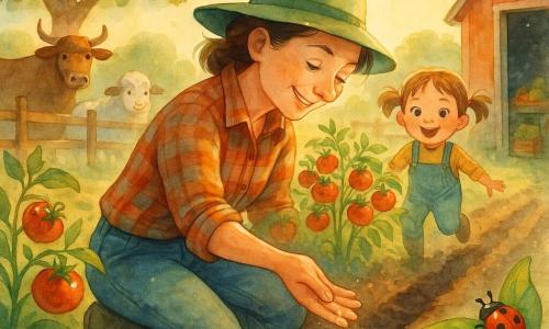A joyful, focused adult woman kneeling in the soil wearing a green hat, muddy rubber boots and a plaid shirt drops small shiny seeds from her hand as she walks slowly; a delighted five-year-old niece with short pigtails stands among red tomato plants behind her, ready to run; a gentle brown bull and a woolly sheep calmly watch near a wooden fence; a small cluster of ladybugs on a nearby leaf adds life; the setting is a farm field at sunrise with long dark rows of earth, a large oak with green leaves, a red barn to the right and an open cold-storage door showing crates of vegetables, creating a soft, promising atmosphere as the woman scatters seeds like falling stars.