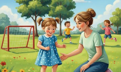 A shy but joyful 4-year-old girl with light brown pigtails and rosy cheeks holds a white-and-black soccer ball and prepares a small, focused kick while wearing pale pink sneakers and a blue polka-dot dress; a woman in her 30s (mother) kneels on the grass with an encouraging smile, hand reaching toward the ball, hair in a bun and a light green T-shirt; two children (a boy ~6 and a girl ~5) run and laugh near the trees in the background; the park shows a shiny green lawn, a small red-painted wooden goal, leafy trees, light blue sky with soft clouds, and yellow and red flowers at the playground edge, warm, encouraging mid-shot with vivid colors and visible acrylic textures.
