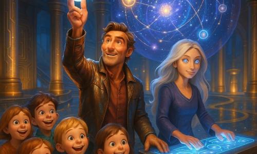 Tarion, homem adulto de traços acolhedores, olhar determinado e sorriso suave, veste jaqueta de couro envelhecida com reflexos metálicos e ergue uma esfera de cristal luminosa ao céu; ao seu lado Astraya, mulher de cerca de 30 anos com olhos cintilantes e cabelos prateados, ativa um painel holográfico com as mãos sobre runas brilhantes. À frente, várias crianças (6–10 anos) em roupas coloridas observam boquiabertas e felizes. O cenário é um museu tecnomágico: grande sala abobadada em metal e vidro com circuitos dourados nas paredes, colunas de luz, piso em mosaico estrelado e passarelas flutuantes; ao centro, um imenso holograma estelar projeta constelações em azul, ouro e violeta, ligando planetas em miniatura e portais cintilantes. Atmosfera de cores saturadas, contrastes quentes e frios, iluminação volumétrica suave e superfícies brilhantes; composição em plano amplo com Tarion e Astraya ao centro, crianças em primeiro plano e holograma dominando o fundo, perspectiva levemente plongeante.