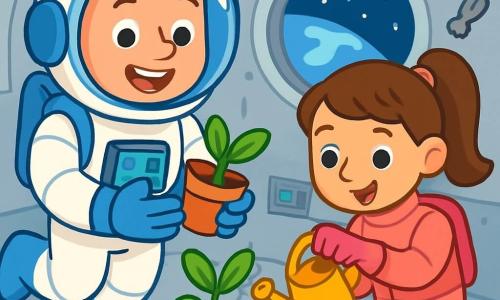 Mężczyzna astronauta o imieniu Kamil radośnie unosi się w nowoczesnej stacji kosmicznej. Ma błyszczący hełm i białe skafander z niebieskimi akcentami. Jego twarz promienieje ekscytacją i ciekawością, a na ustach ma szeroki uśmiech. Trzyma w rękach małą zieloną roślinę, z zachwytem ją obserwując. Obok niego dziewczynka o imieniu Ania, mająca około 8 lat, nalewa wodę na inną roślinę. Ma długie brązowe włosy związane w kucyk i różowy skafander. Jej twarz wyraża koncentrację i radość. Miejsce to nowoczesna stacja kosmiczna z srebrnymi ścianami i okrągłymi oknami, które oferują spektakularny widok na niebieską Ziemię poniżej. Kolorowe światła migoczą na panelach sterujących, a narzędzia unoszą się wokół nich. Główna sytuacja pokazuje Kamila i Anię pracujących razem nad roślinami w przestrzeni, otoczonych futurystycznym i jasnym środowiskiem, gdzie każdy przedmiot delikatnie unosi się, tworząc magiczną i spokojną atmosferę.