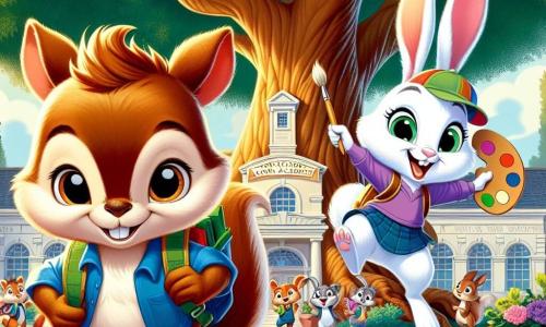 Sammy, a young squirrel with brown fur and sparkling eyes, stands in the center of the image with a big smile on his face, holding a small backpack filled with school supplies. Next to him, Rosie, an adorable rabbit with white fur and large ears, jumps for joy, her eyes shining with excitement, holding a colorful paint palette. In the background, the grand oak of Acorn Academy stands majestically, its leafy branches providing shade to a lively courtyard where other animals gather for the first day of school. The scene exudes a joyful and welcoming atmosphere, filled with bright colors and smiles, as the young animals prepare for a day of learning and friendship.