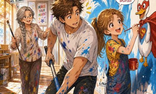 The main character is Milo (about 25–30), a soft-faced, focused man with messy brown hair and paint-stained hands and tee, leaning forward and rolling a large blue paint roller on a wall, surprised but smiling; to his right stands Lina (about 11), bright-eyed with a ponytail and colorful-stained clothes, holding a small pot of red paint and turning Milo’s accidental dramatic blue wave into a joyful scene by painting a caped duck and a little boat; slightly behind and to the left Ms. Rowan (about 60), grey hair in a braid, round glasses and a stained smock, watches encouragingly with a long brush; the setting is a sunlit community center corridor with a half-painted white wall, paint-splattered wooden floor, scattered buckets, tarps and pots, and warm late-afternoon light through large windows.