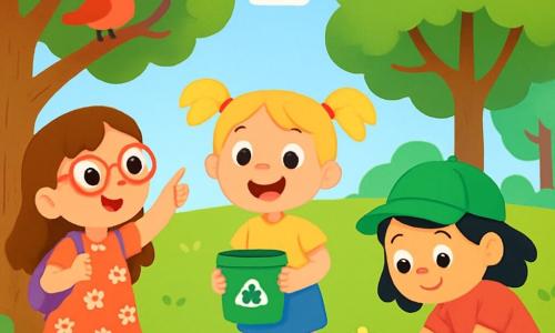 There are three characters: - Lily: a 6-year-old girl with long brown hair and pink glasses. She wears a flower dress and holds a small backpack. She stands on the left, pointing at a bird in a tree. - Mia: a 6-year-old girl with blonde pigtails and a yellow t-shirt. She has a big smile and holds a small bin to collect trash. She is in the center, looking around enthusiastically. - Zoe: a 6-year-old girl with black hair and a green cap. She wears shorts and sneakers. She is on the right, picking up a piece of paper from the grass. The main setting is a lush park filled with majestic trees with bright green leaves. The ground is covered with soft, well-maintained grass dotted with colorful flowers. Birds are singing in the branches, and a clear blue sky stretches above them. The main situation shows the three girls cleaning the park. They are smiling and helping each other, picking up trash while admiring the beauty of nature around them.