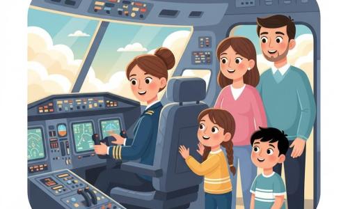 Piloto adulta calma e sorridente, cabelos castanhos presos em coque, vestida com uniforme azul-marinho com ombreiras douradas, mãos no manche, olhar gentil à frente; menina Leonor, cerca de 8 anos, cabelos castanhos em trança, olhos curiosos, em pé junto à porta do cockpit ao nível da piloto, mãos no batente, maravilhada; menino Tiago, cerca de 7 anos, cabelo curto e preto, expressão apreensiva que vira sorriso tímido, sentado na ponta dos pés junto à mãe no corredor, observando a piloto e a janela; mãe e pai protetores e sorridentes atrás das crianças, mãe segurando a mão de Tiago; cockpit espaçoso e luminoso com painéis de comando e telas mostrando cartas de voo, grande janela frontal com nuvens brancas e céu azul; situação: a piloto explica calmamente às crianças sobre as nuvens e os instrumentos, atmosfera calorosa e tranquilizadora com luz dourada matinal e tons pastéis, composição centrada nas interações humanas e na janela com nuvens ao fundo.