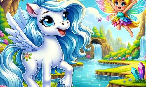 O splendidă unicorniță, numită Lila, se află în centrul imaginii, cu un blană alb strălucitor și o coamă aurie care strălucește la soare. Cornul său de cristal scintilează în toate culorile curcubeului, având o expresie de bucurie și curiozitate, pregătită să exploreze lumea din jur. Lângă ea, Aqua, o mică raie cu pene albastre vii, zboară veselă în aer, având un zâmbet larg. Ea pare plină de energie și entuziasm, gata să o ghideze pe Lila în aventurile sale. În fundal, o oază magică se desfășoară, cu palmieri verzi, flori colorate și apă cristalină care scintilează sub soare. Cristale strălucitoare ies din stânci, adăugând o notă de magie acestui peisaj fermecător. Scena o reprezintă pe Lila și Aqua, pregătite să intre într-o peșteră misterioasă, unde cristale colorate scintilează, simbolizând aventura și descoperirea de noi prieteni.
