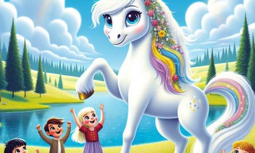 Eine wunderschöne Einhorn namens Luna steht am Ufer eines großen, funkelnden Sees, mit strahlend weißem Fell und einer bunten Mähne, die in der Sonne glänzt. Ihre großen, ausdrucksvollen Augen zeigen Freude und Staunen, während sie eine Gruppe von Kindern betrachtet, die sie umgeben. Max, ein 8-jähriger Junge mit braunen Haaren und funkelnden Augen, hebt einen goldenen Horn, die Arme zum Himmel erhoben, mit einem breiten Lächeln im Gesicht. Neben ihm tanzen seine Freunde, ein 7-jähriges blondes Mädchen namens Clara und ein 9-jähriger Junge mit schwarzen Haaren namens Tom, fröhlich um Luna herum, ihre Gesichter strahlen vor Glück. Die Kulisse ist eine weite grüne Wiese, übersät mit bunten Blumen, die im Wind tanzen, unter einem hellblauen Himmel mit flauschigen Wolken. Im Hintergrund säumen majestätische Bäume den See, und Sonnenstrahlen filtern durch die Blätter und schaffen eine magische Atmosphäre. Die Hauptszene zeigt Max, Clara und Tom, die um Luna herum spielen, während sie die Ankunft ihrer Freunde mit der magischen Kraft des Horns feiern, erfüllt von Lachen und Aufregung.
