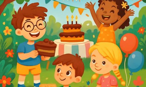 Er zijn 4 kinderen: Tim, een 8-jarig jongetje met tousled bruin haar en ronde bril, draagt een blauwe t-shirt en een gele short en glimlacht vrolijk terwijl hij een groot stuk chocoladecake vasthoudt. Emma, een 7-jarig meisje met lange, gevlochten blonde haren en een roze stippenjurk, zit op het gras omringd door gekleurde ballonnen en tekent sterren op een vel papier. Sam, een 8-jarige jongen met kastanjebruin haar en sproeten, draagt een groene t-shirt en korte broek, houdt een schatkaart vast en kijkt nieuwsgierig om zich heen. Mila, een 7-jarig meisje met krullend haar en een bloemenkrans, staat met haar armen omhoog, klaar om te applaudisseren, omringd door confetti die uit de lucht valt. De scène speelt zich af in een zonnige tuin vol kleurrijke bloemen, weelderig groen en glinsterende lichtslingers, met op de achtergrond een grote tafel gedekt met een gestreepte tafelkleed en een enorme verjaardagstaart, omringd door zwevende ballonnen. De kinderen vieren Tim's verjaardag met vreugde, lachen, spelen en kijken naar de kleurrijke vuurwerkshow.
