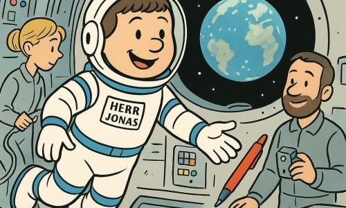 Ein lächelnder, beruhigter Astronaut, Herr Jonas, mit rundem Gesicht und kurzen braunen Haaren unter einem teilweise geöffneten Helm trägt einen weißen Raumanzug mit blauen Streifen, schwebt nahe einem großen Bullauge und greift nach einem im All schwebenden Stift; eine etwa 35-jährige Kollegin mit blondem Dutt, ruhigem konzentriertem Ausdruck, hält ein Werkzeugtablett und repariert neben Herr Jonas links im Hintergrund ein Kabel; ein etwa 40-jähriger Kollege mit kurzem Bart in grauer Kombi steht rechts bei einer Konsole, lächelt und hält ein Messgerät; Innenraum einer Raumstation mit hellen Metallwänden, Bedienfeldern mit bunten Tasten, ordentlich verlegten Kabeln und Beschriftungen, das große runde Bullauge zeigt die blaue und weiße Erde; Hauptszene ruhig und warm, der Astronaut zeigt den Kollegen die Erde und lässt lachend einen Stift schweben, auf einer Vordergrundkonsole klebt ein rundes Herzaufkleber, sanftes Licht, klare Konturen, farbenfroh, geeignet für Kleinkinder.