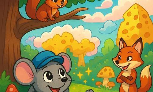 Maximilian Maus, eine kleine graue Maus mit großen, funkelnden Augen und einer niedlichen Mütze, liegt unter einem großen Baum mit leuchtend grünen Blättern und hat ein freudiges Lächeln im Gesicht. Er träumt, umgeben von kleinen, leuchtenden Sternen, die um ihn herum schweben. Celia, ein niedliches Eichhörnchen mit rotem Fell und buschigem Schwanz, sitzt auf einem Ast direkt über ihm und beobachtet ihren Freund mit einem amüsierten und neugierigen Blick. Fridolin Fuchs, ein leuchtend orangefarbener Fuchs mit schelmischen Augen, steht etwas weiter weg, die Pfoten verschränkt, und lacht leise über die Situation. Der Ort ist ein wunderschöner Waldgarten, gefüllt mit bunten Blumen, seltsamen Pilzen und Sonnenstrahlen, die durch das dichte Laub brechen und eine magische, friedliche Atmosphäre schaffen. Die Hauptsituation zeigt Maximilian Maus, der von einem fantastischen Abenteuer träumt, umgeben von Elementen seines Traums, wie Zuckerwolken und Käsebäumen, während seine Freunde ihn mit Staunen und Vergnügen beobachten.