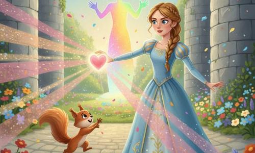 Die Prinzessin ist ein Teenager mit hellbraunen geflochtenen Haaren, trägt ein hellblaues, goldbesticktes Kleid, hat ein entschlossenes, leuchtendes Gesicht und große mutige Augen; sie steht mittig, die Arme nach vorn gestreckt und hält ein leuchtendes Herz, das rosa und goldene Strahlen aussendet. Ein kleines Eichhörnchen namens Felix, ein Jungenwesen mit lebhaft schwarzen Augen und glänzend rotem Fell, springt auf einen Stein neben ihr und schaut bewundernd, die Pfote erhoben. Im Hintergrund erscheint der verwandelte Zauberer als kleinere Silhouette, schlanker Körper in schimmerndem Regenbogenverlauf, offene Hände, sanfter, überraschter Ausdruck. Schauplatz ist der Burghof in der Dämmerung: gesprenkelte Pflastersteine, hohe graue Steinmauern mit grünem Efeu, bunte Blumenränder und ein großer heller Garten dahinter. Hauptsituation: Die Prinzessin kämpft gegen dunkle Magie und vertreibt den Schatten mit dem leuchtenden Herz; warme Lichtstrahlen fegen die Dunkelheit hinweg, Blütenblätter-Konfetti und funkelnde Partikel schweben in der Luft, triumphale, sanfte Stimmung. Stil: kindliche Gouache, satte Farben, sichtbare Pinseltexturen, weiche Konturen, zentrierte, gut lesbare Komposition für 10-Jährige.
