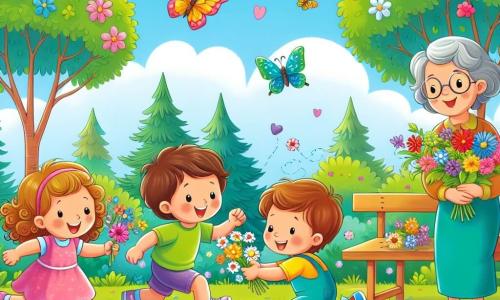 In un bel giardino primaverile, cinque bambini giocano insieme. Sara, una bambina di tre anni con capelli ricci e un vestito rosa, corre gioiosamente tenendo un mazzo di fiori colorati. Marco, un ragazzo di tre anni con capelli castani e una maglietta blu, si ferma ad ascoltare gli uccelli cantare. Accanto a lui, Emma, una bambina di tre anni con un vestito giallo brillante, si inginocchia per ammirare una bella farfalla che vola intorno a lei. Luca, un ragazzo di tre anni con gli occhiali e una maglietta verde, sorride mostrando un albero le cui foglie iniziano a diventare verdi. Infine, l'insegnante, la gentile signora Anna, una donna sorridente con capelli castani, li osserva con benevolenza, seduta su una panchina di legno. Il giardino è pieno di fiori multicolori, grandi alberi con foglie verdi e un cielo blu splendente. Le farfalle danzano intorno ai bambini, aggiungendo magia alla scena. I bambini si divertono a raccogliere fiori mentre ridono e ballano, celebrando la bellezza della natura in primavera.